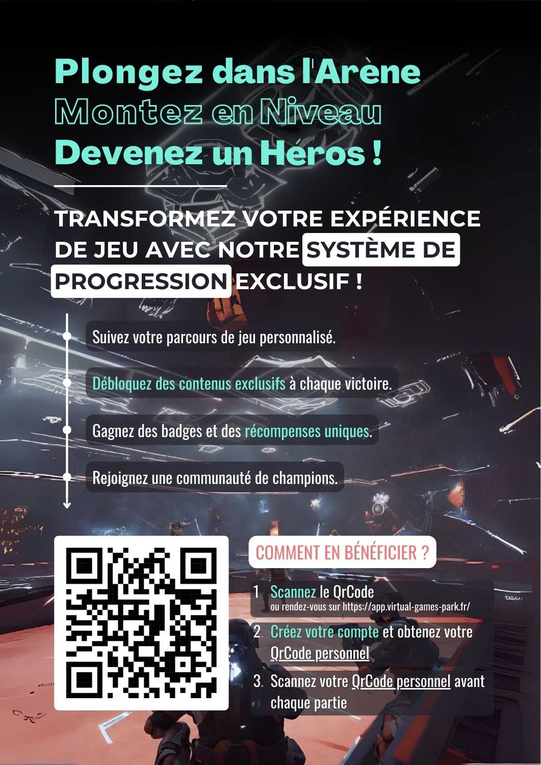 Arena VR chez Virtual Arena Nevers, créez votre profil et progressez dans vos parties, enregistrez vos scores et débloquer du contenu exclusif